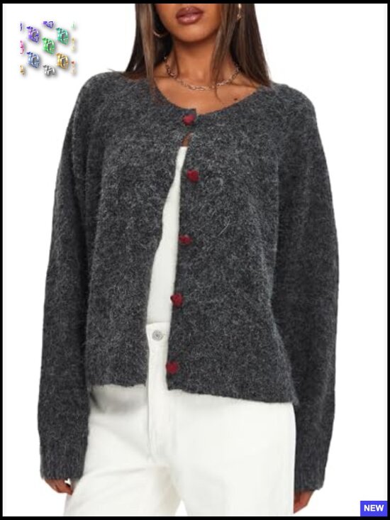 Y2K Button Down Cardigan Sweater Long Sleeve Crew Neck Knit Fall Outfits - Picture 4 of 7